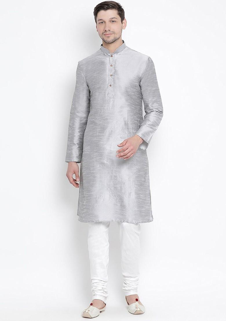 Grey Solid Poly Blend Kurta Set For Men