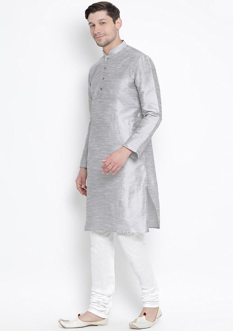 Grey Solid Poly Blend Kurta Set For Men