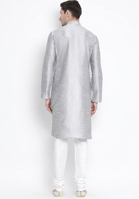 Grey Solid Poly Blend Kurta Set For Men