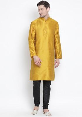 Mustard Solid Poly Blend Kurta Set For Men