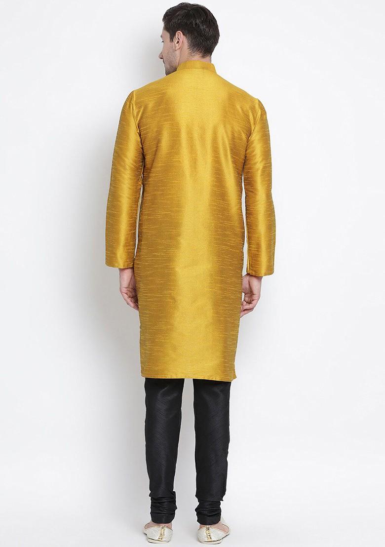 Mustard Solid Poly Blend Kurta Set For Men