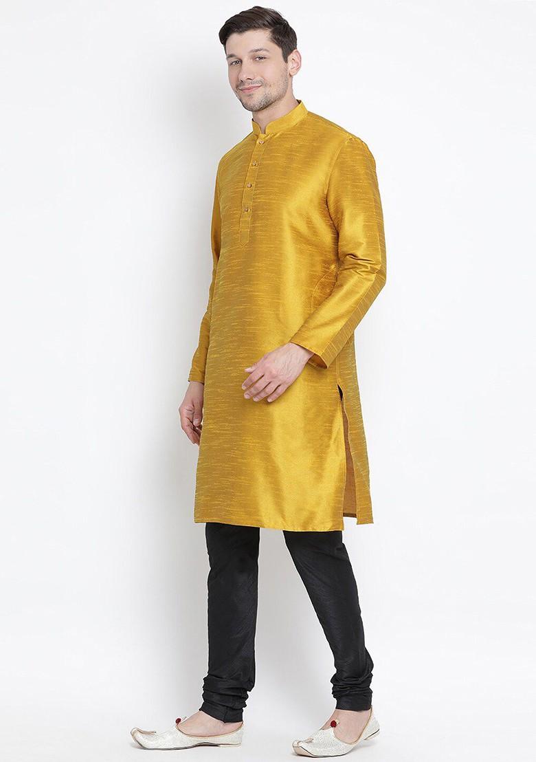 Mustard Solid Poly Blend Kurta Set For Men