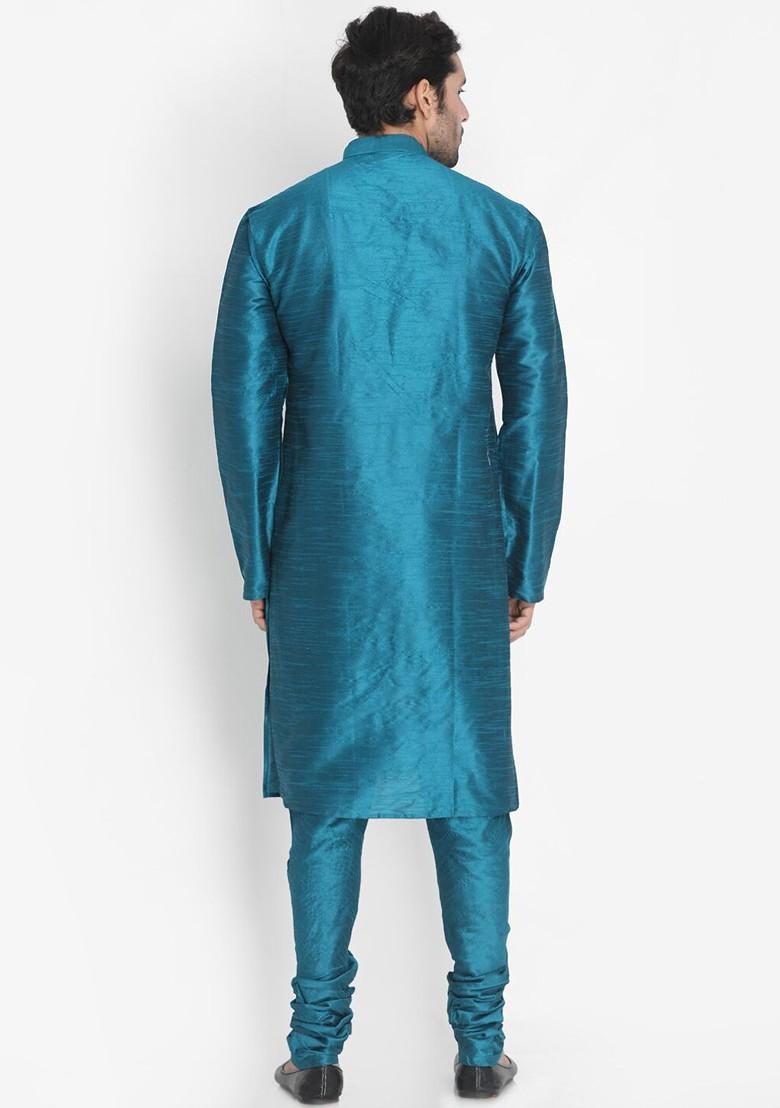 Turquoise Blue Solid Poly Blend Kurta Set For Men