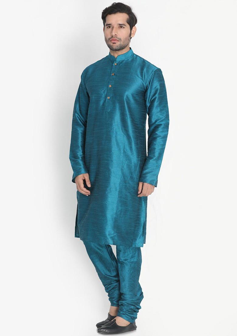 Turquoise Blue Solid Poly Blend Kurta Set For Men