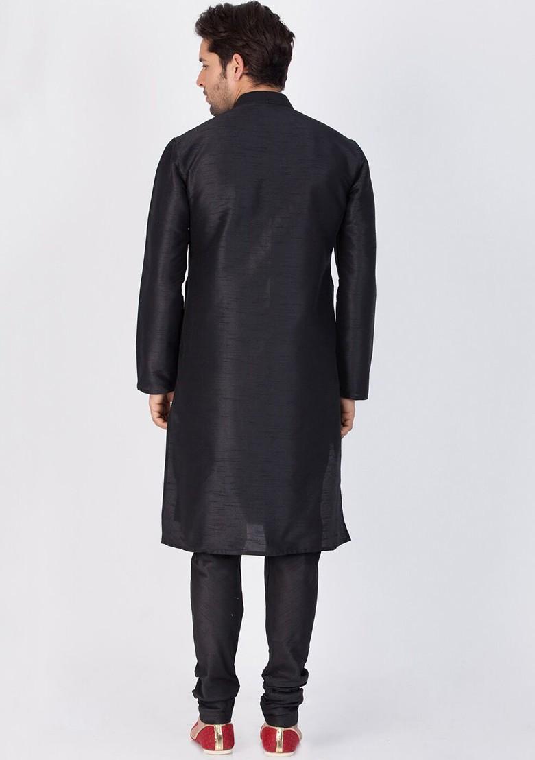 Black Solid Poly Blend Kurta Set For Men