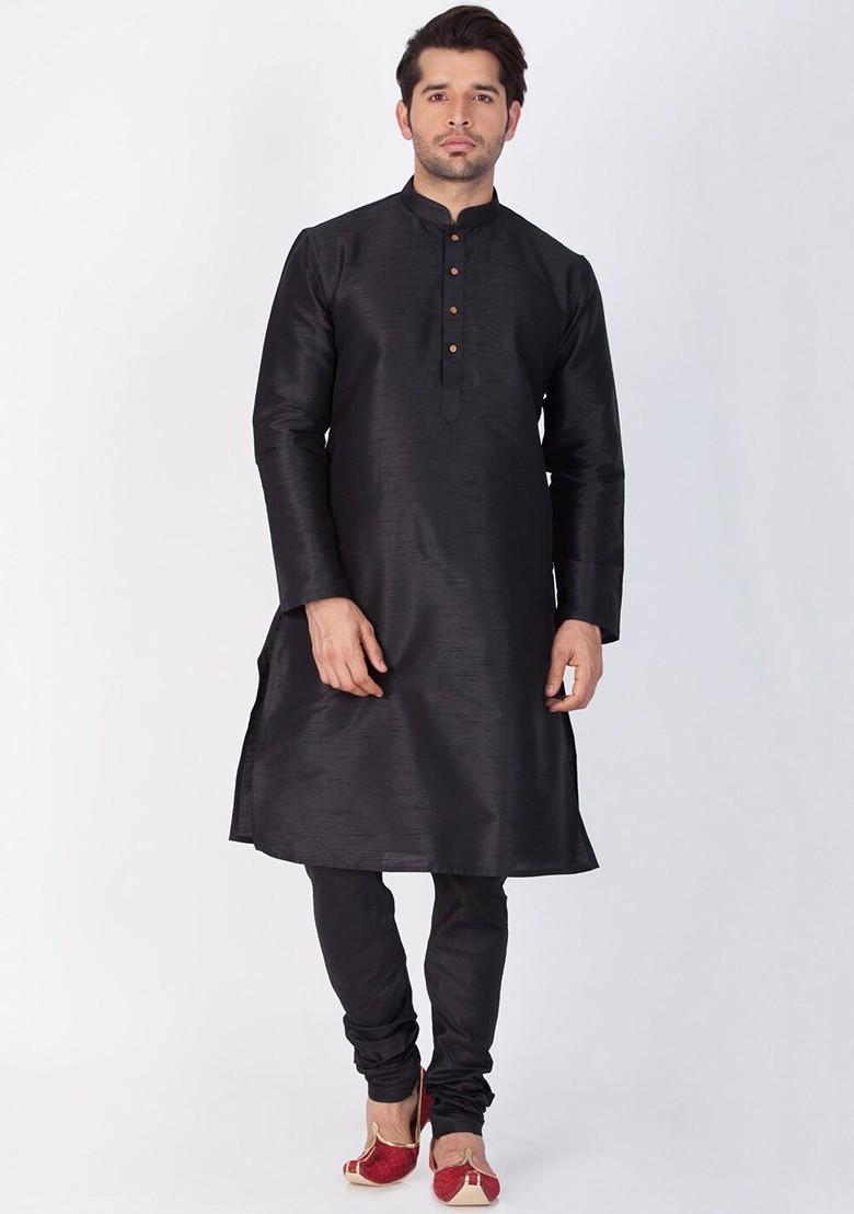 Black Solid Poly Blend Kurta Set For Men
