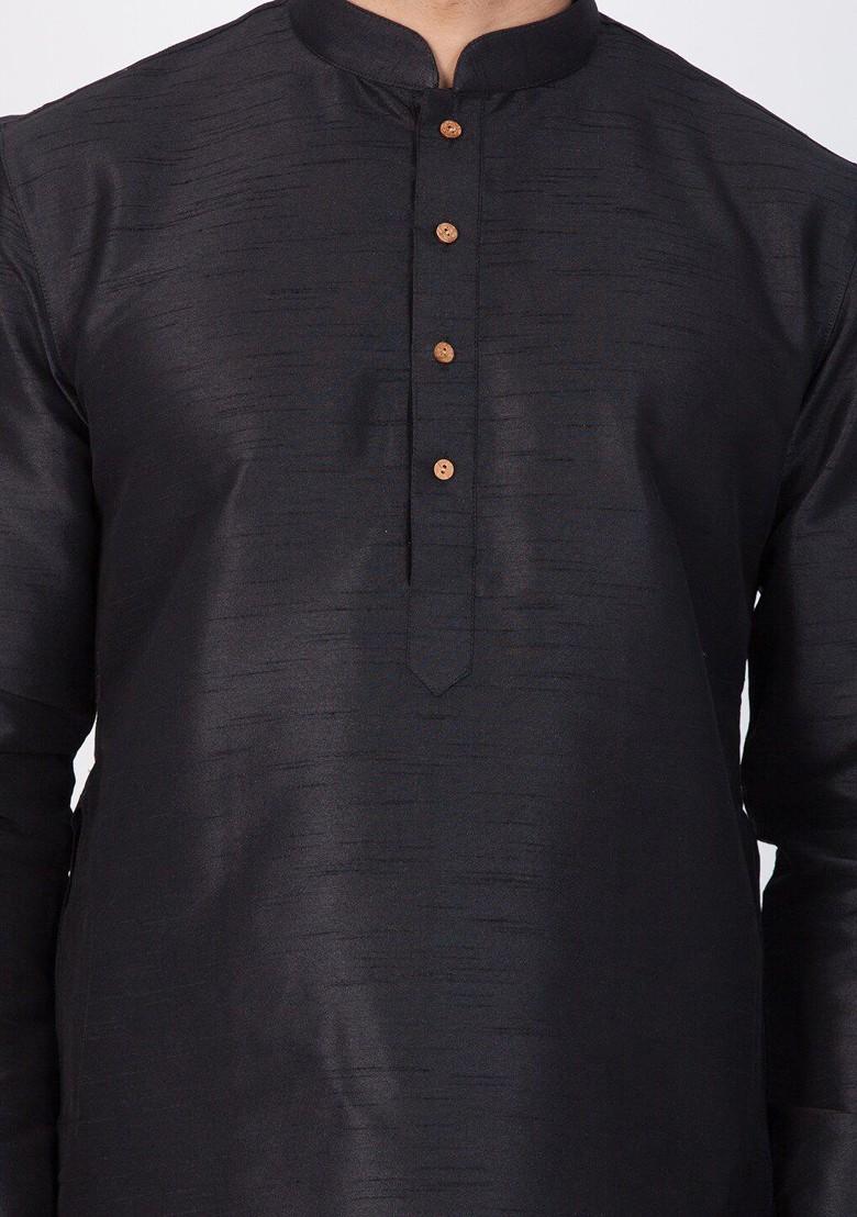 Black Solid Poly Blend Kurta Set For Men