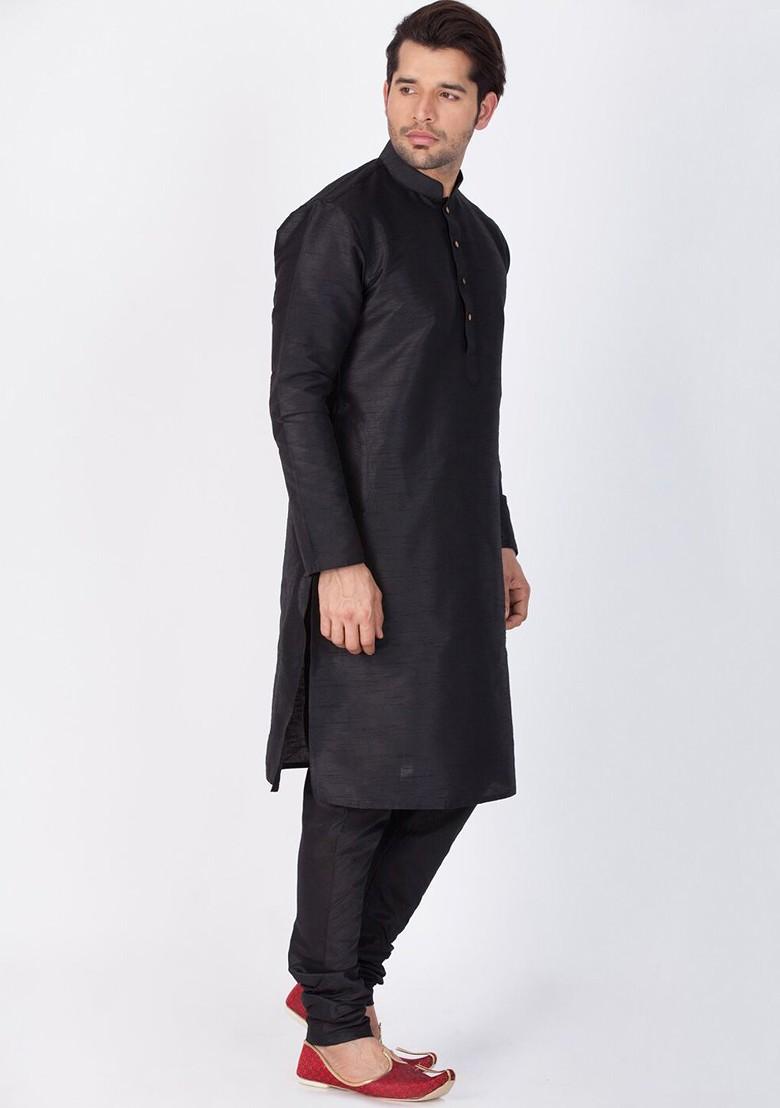 Black Solid Poly Blend Kurta Set For Men