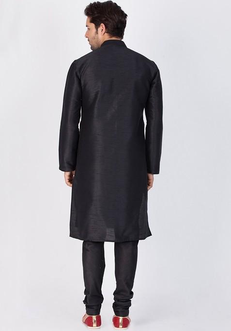 Black Solid Poly Blend Kurta Set For Men