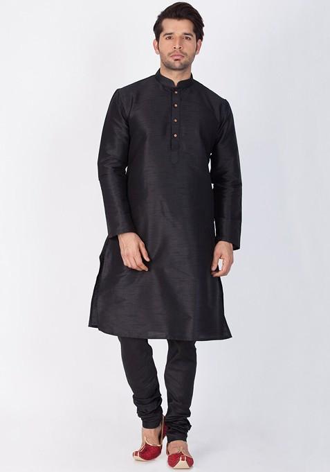 Black Solid Poly Blend Kurta Set For Men