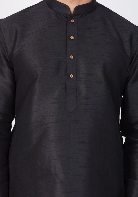 Black Solid Poly Blend Kurta Set For Men