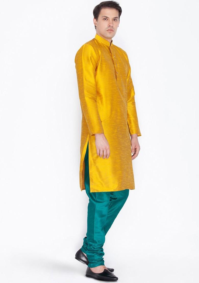 Mustard Solid Poly Blend Kurta Set For Men