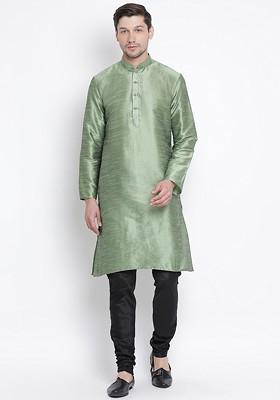 Green Solid Poly Blend Kurta Set For Men