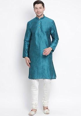 Turquoise Blue Solid Poly Blend Kurta Set For Men