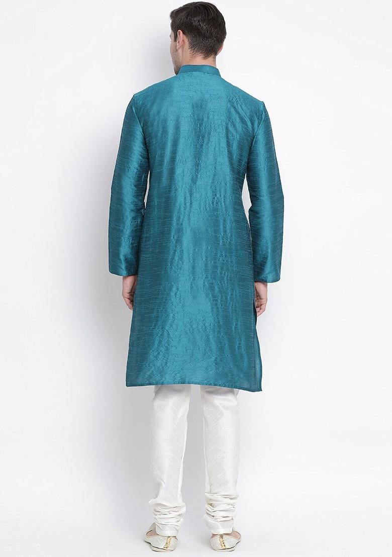 Turquoise Blue Solid Poly Blend Kurta Set For Men
