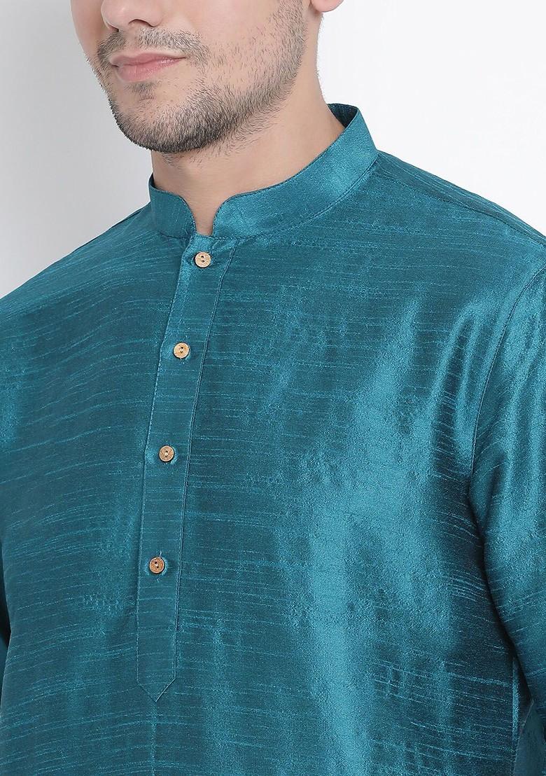Turquoise Blue Solid Poly Blend Kurta Set For Men