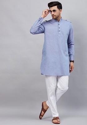 Blue Solid Pathani Kurta Set For Men