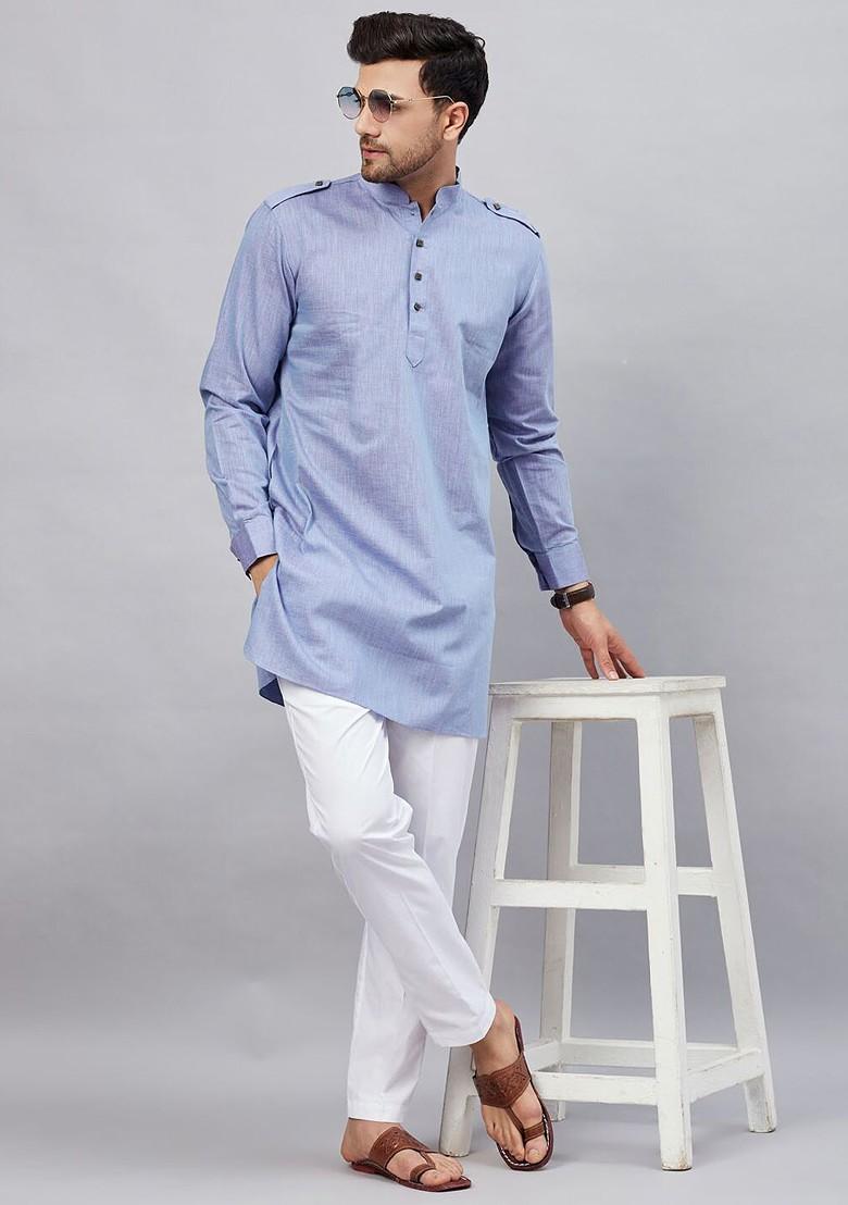Blue Solid Pathani Kurta Set For Men