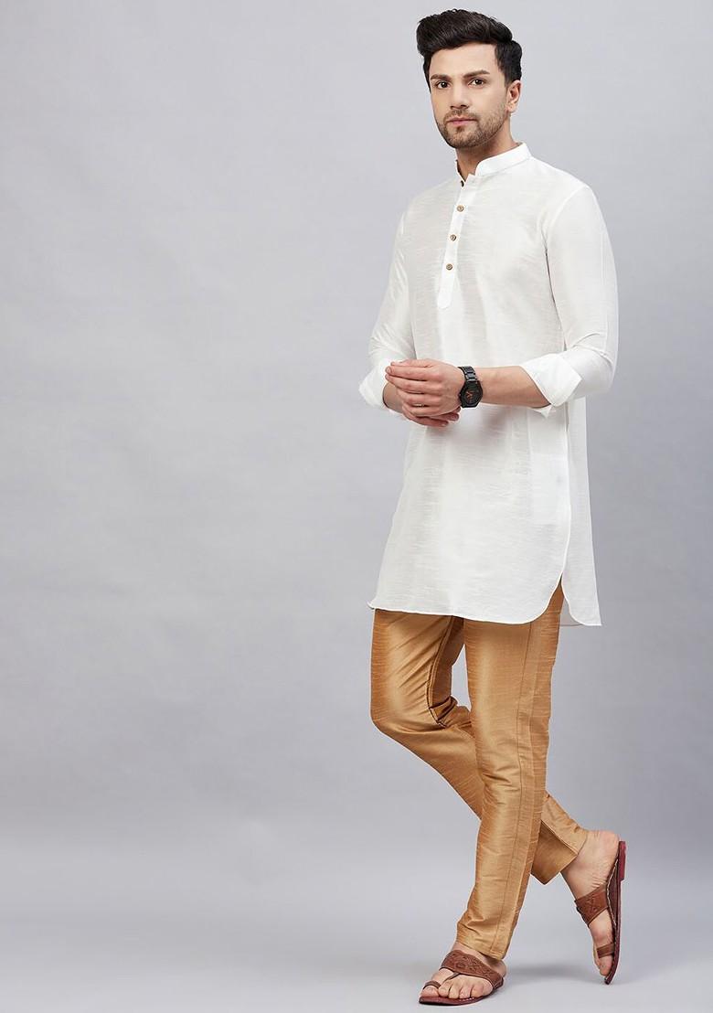 White Solid Poly Blend Kurta Set For Men