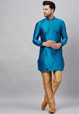 Turquoise Blue Solid Poly Blend Kurta Set For Men