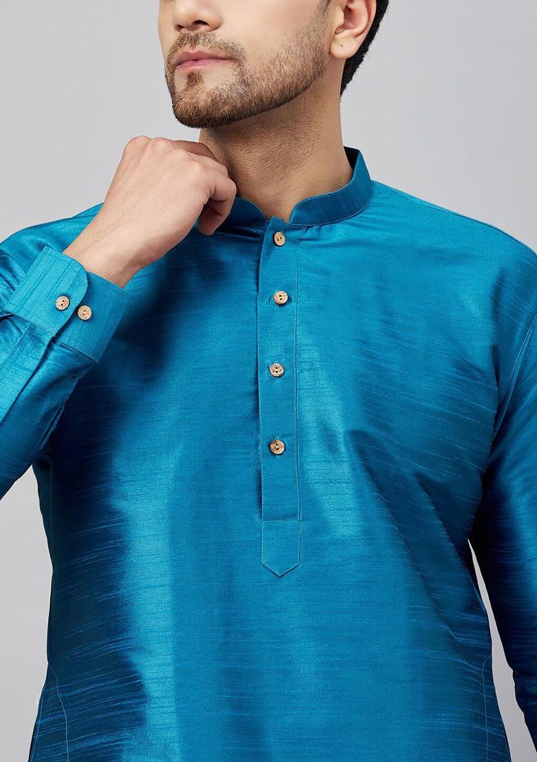 Turquoise Blue Solid Poly Blend Kurta Set For Men