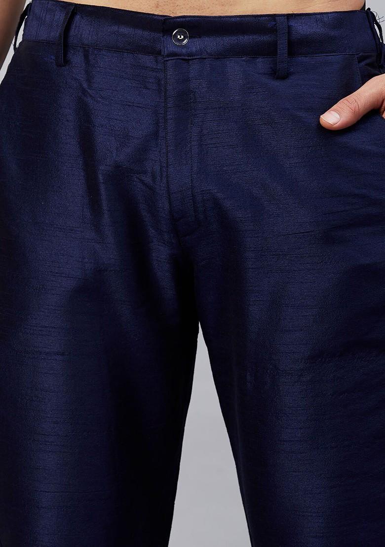 Navy Blue Ethnic Motifs Poly Blend Kurta Set For Men