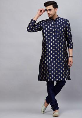 Navy Blue Ethnic Motifs Poly Blend Kurta Set For Men