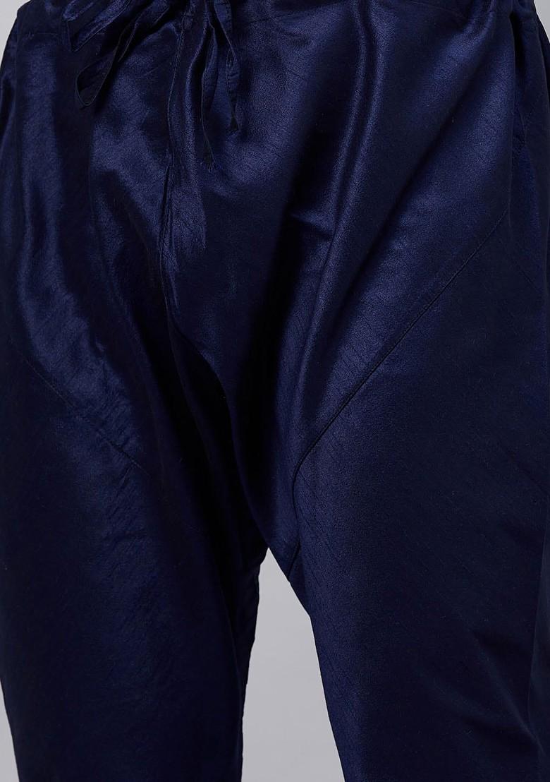 Navy Blue Ethnic Motifs Poly Blend Kurta Set For Men