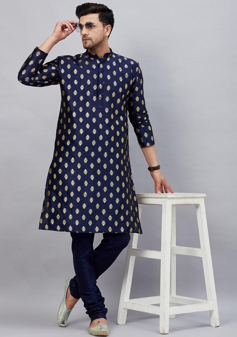 Navy Blue Ethnic Motifs Poly Blend Kurta Set For Men