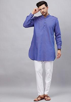 Blue Solid Pathani Kurta Set For Men