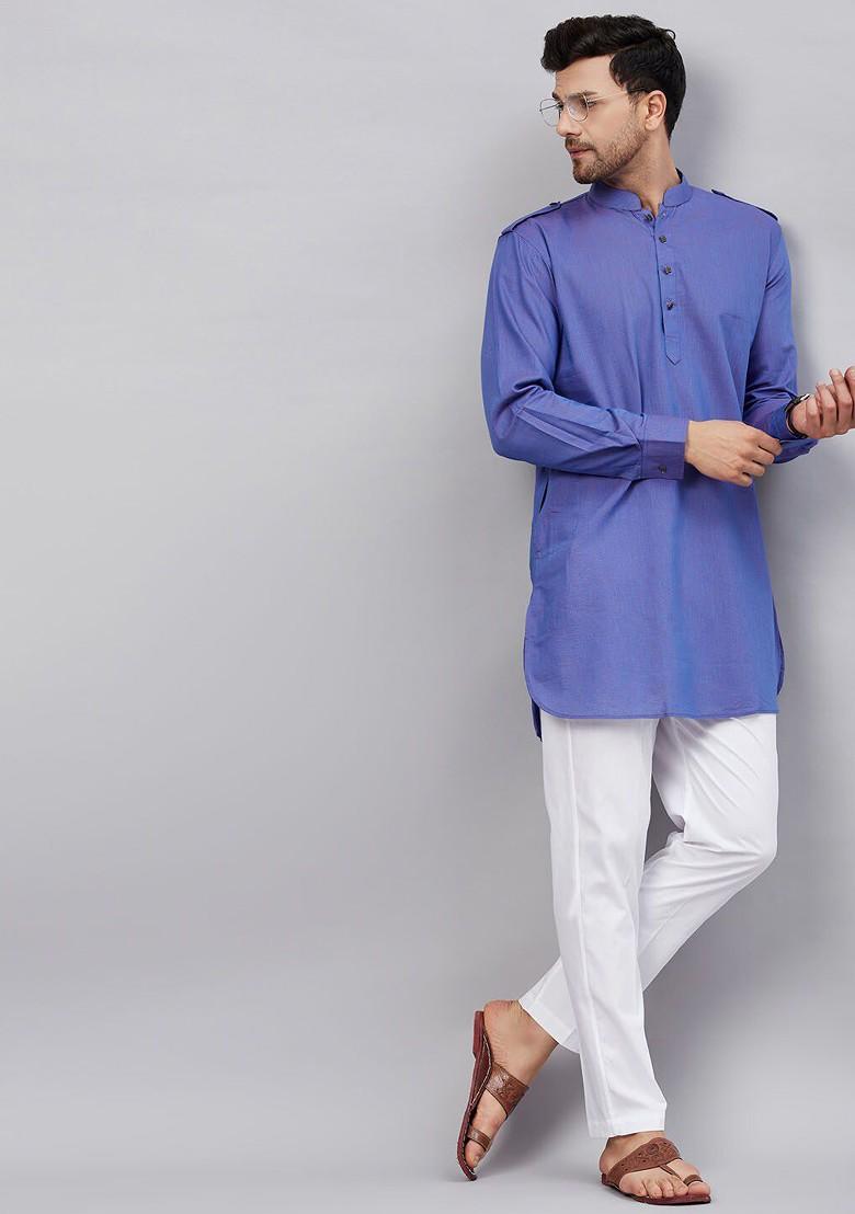 Blue Solid Pathani Kurta Set For Men
