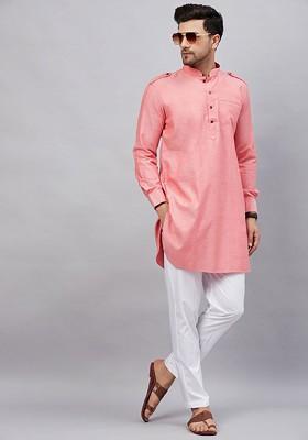 Peach Solid Pathani Kurta Set For Men