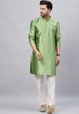 Lime Green Woven Poly Blend Kurta Set For Men