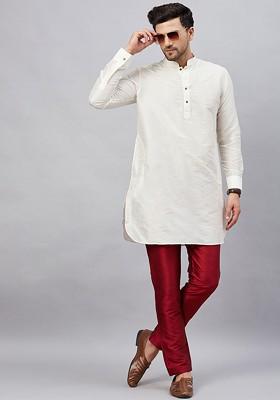 Cream Solid Poly Blend Kurta Set For Men