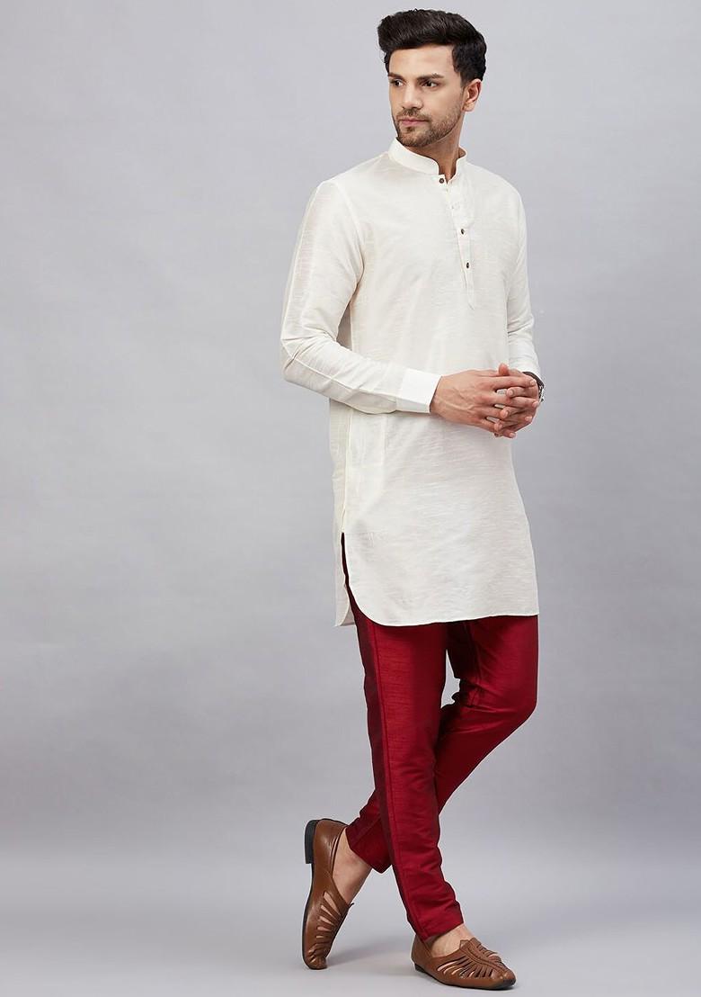 Cream Solid Poly Blend Kurta Set For Men