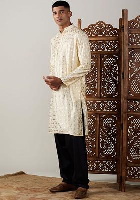 Gold Ethnic Motifs Poly Blend Kurta Set For Men