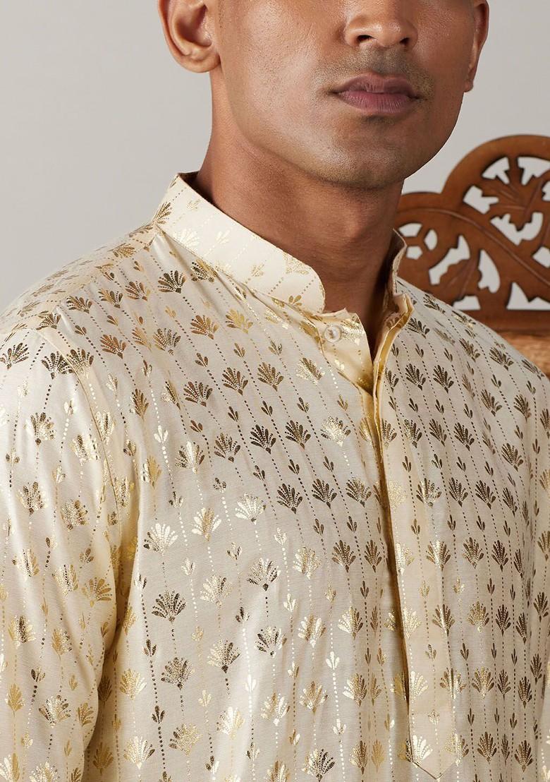 Gold Ethnic Motifs Poly Blend Kurta Set For Men