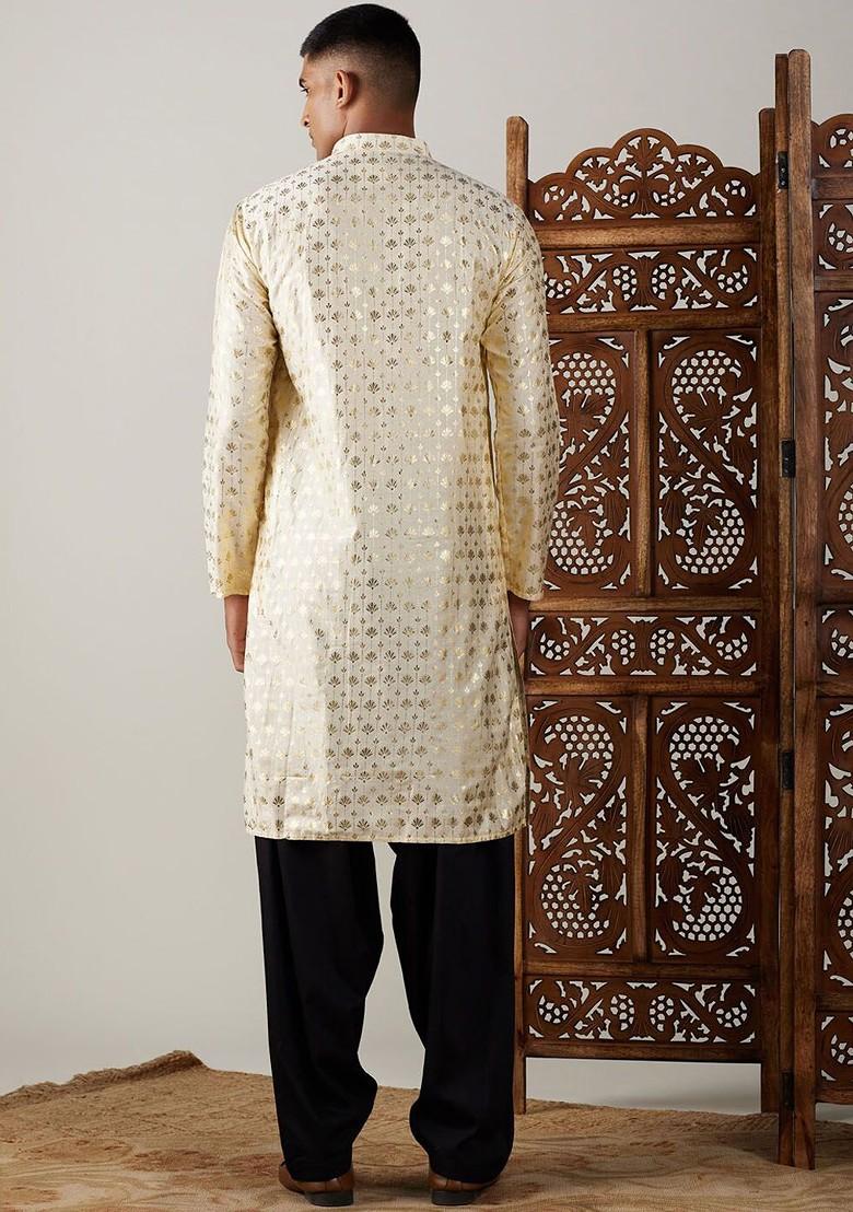 Gold Ethnic Motifs Poly Blend Kurta Set For Men