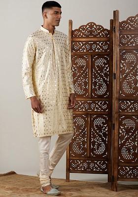 Gold Ethnic Motifs Poly Blend Kurta Set For Men