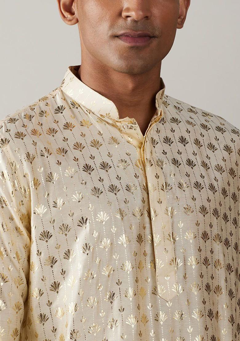 Gold Ethnic Motifs Poly Blend Kurta Set For Men