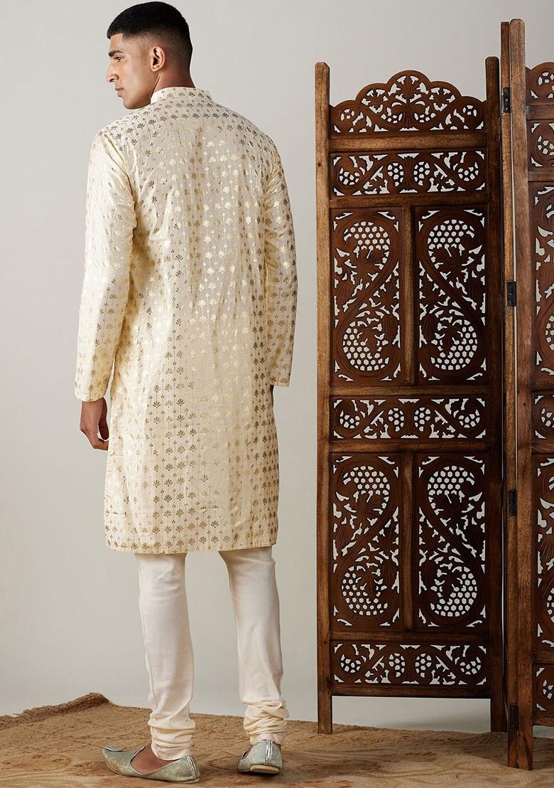 Gold Ethnic Motifs Poly Blend Kurta Set For Men