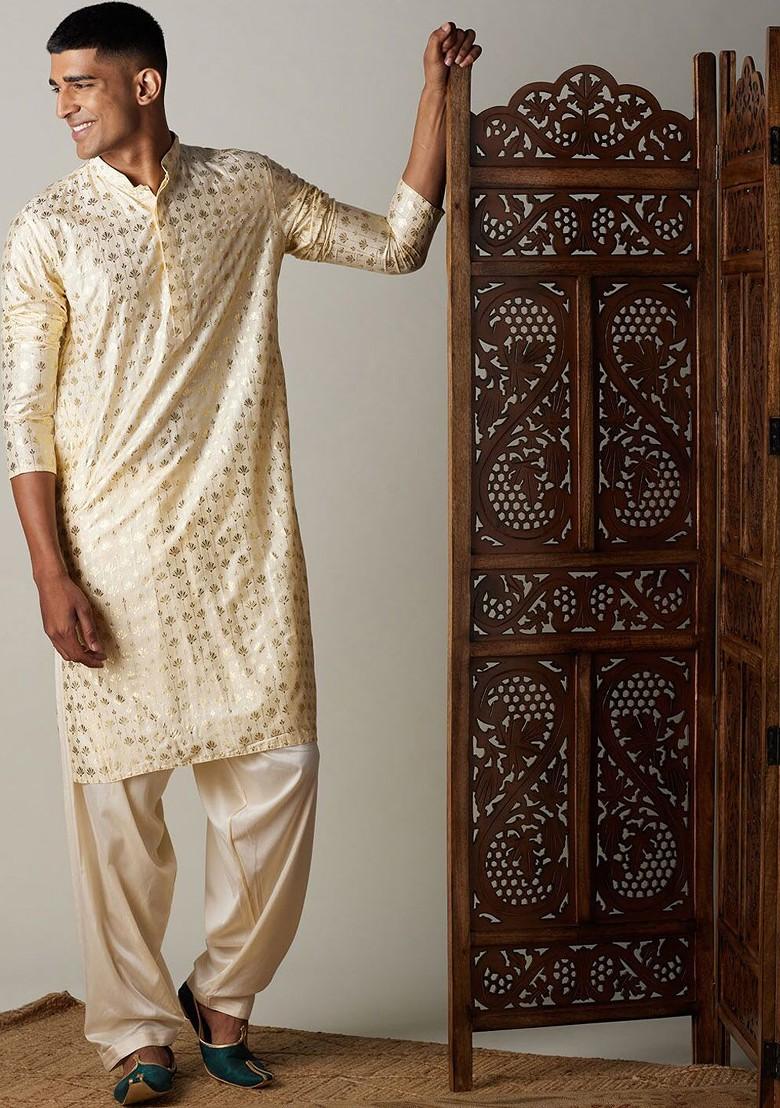 Cream Ethnic Motifs Poly Blend Kurta Set For Men
