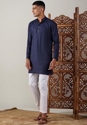 Navy Blue Solid Poly Blend Kurta Set For Men