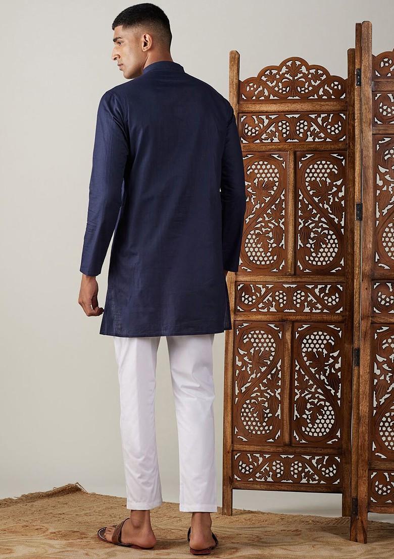 Navy Blue Solid Poly Blend Kurta Set For Men
