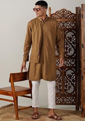 Coffee Brown Solid Cotton Kurta Set For Men