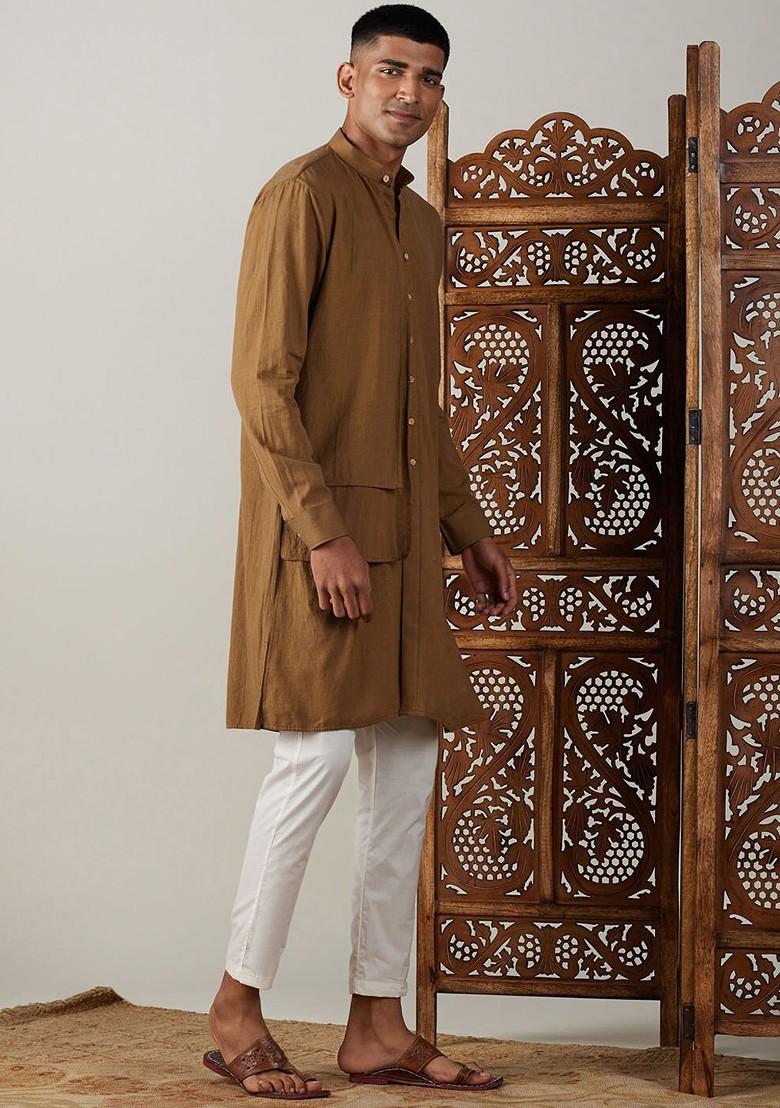Coffee Brown Solid Cotton Kurta Set For Men