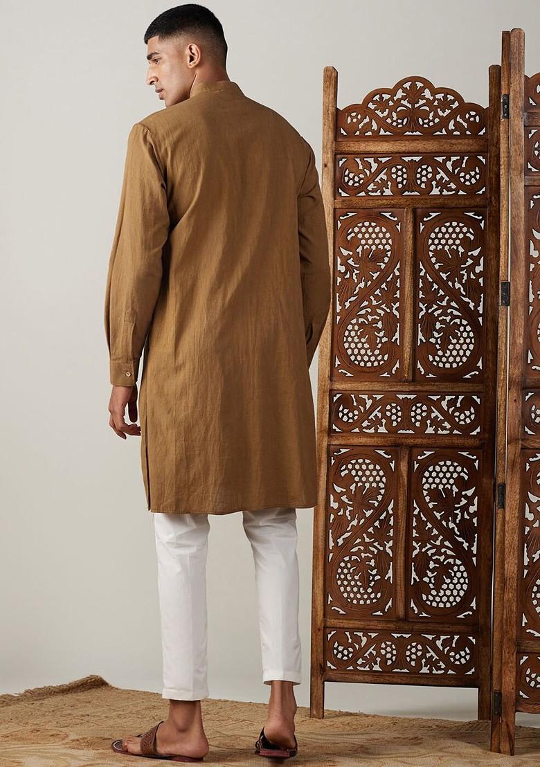 Coffee Brown Solid Cotton Kurta Set For Men