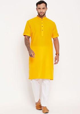 Mustard Solid Poly Blend Kurta Set For Men
