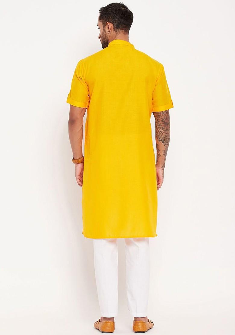 Mustard Solid Poly Blend Kurta Set For Men