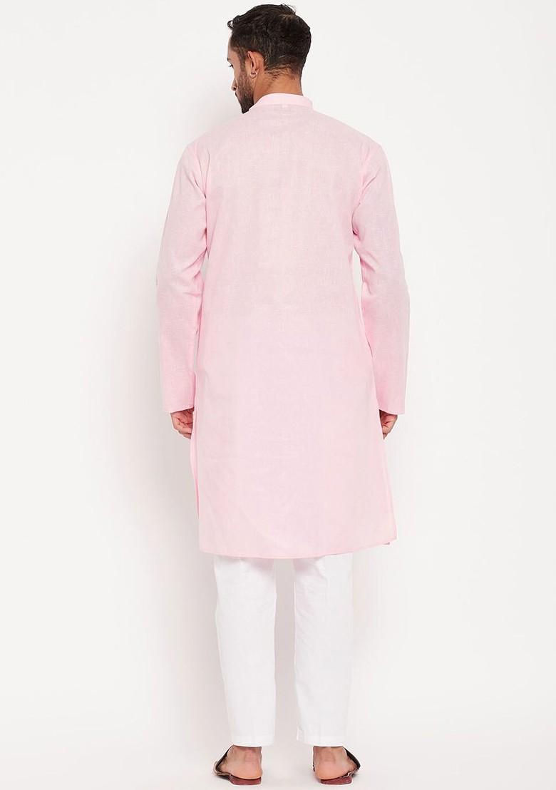 Pink Solid Poly Blend Kurta Set For Men